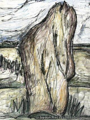 Standing stone, Isle of Arran, Coloured pencils and carbon pencils on paper,