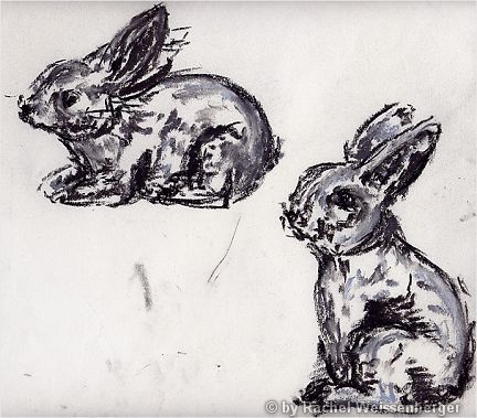 Two rabbits, Grey pastels on paper,