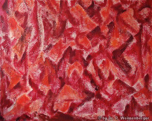 Rot, Acryl und Spachtelmasse mit Spachtel auf Leinwand,