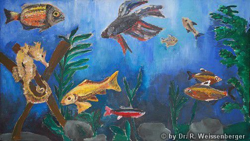 Aquarium, Acryl mit Pinsel auf Holz,