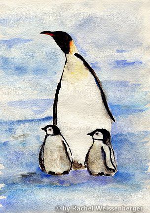 Penguins, Watercolour and ink on hand-made paper,