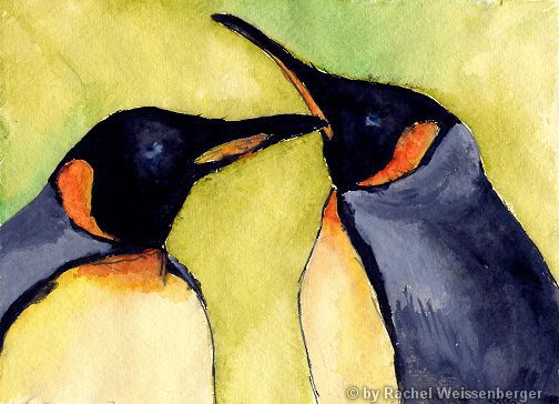 Pinguin-Päärchen, Aquarell mit Tusche auf Büttenpapier,