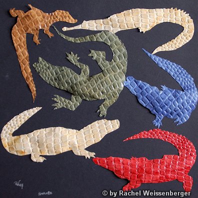 Crocodiles, Collage with crocodile- and coloured cardboard on wood,