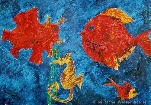 Fish & Seahorse, Oil with spatula on board,